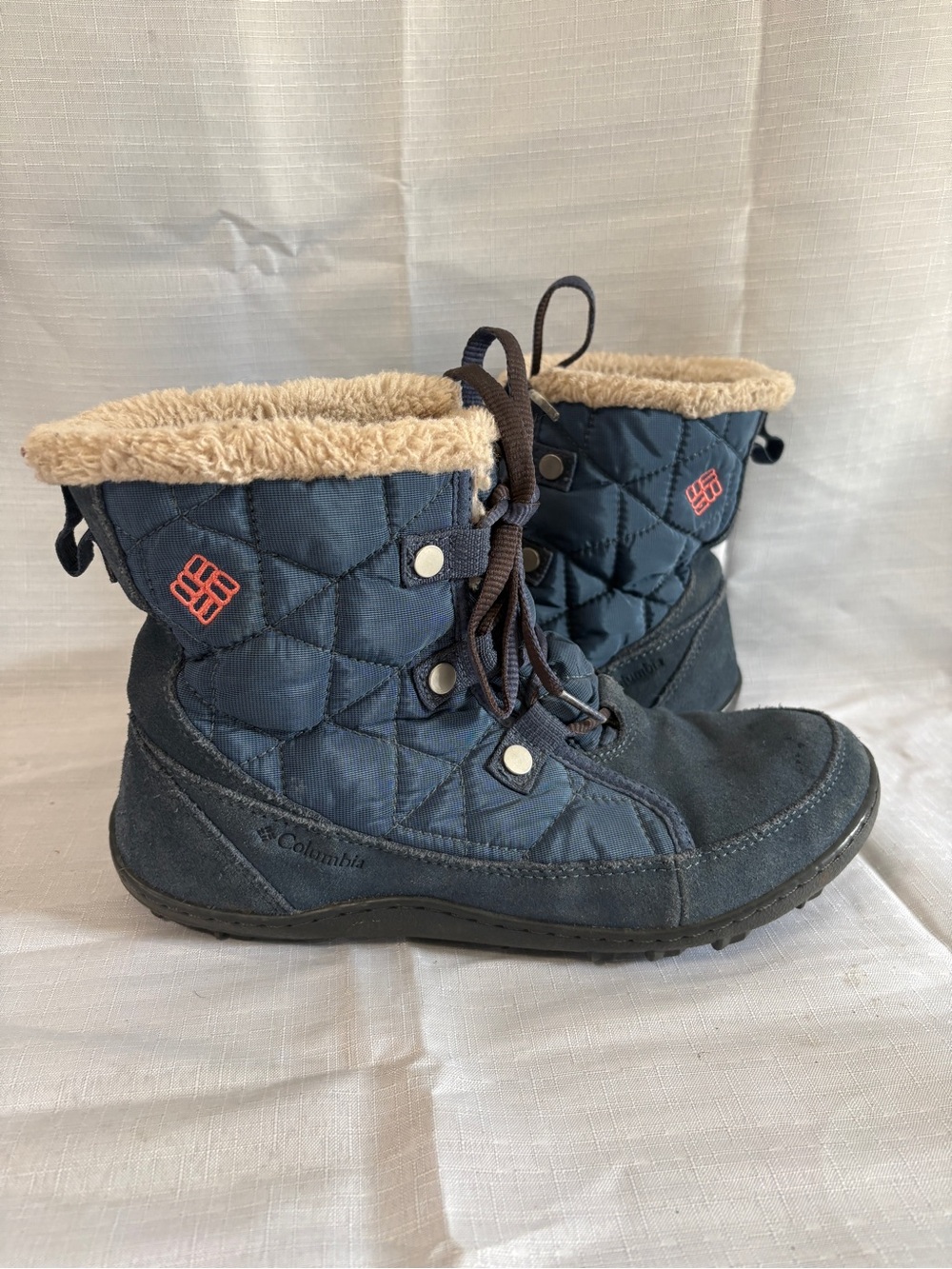 Columbia Navy Quilted Lace-Up Winter Boots with Tan Faux Fur